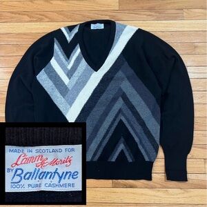 Vintage 80s Ballantyne Sweater Mens 44 Argyle V Neck Cashmere Pullover Scotland
